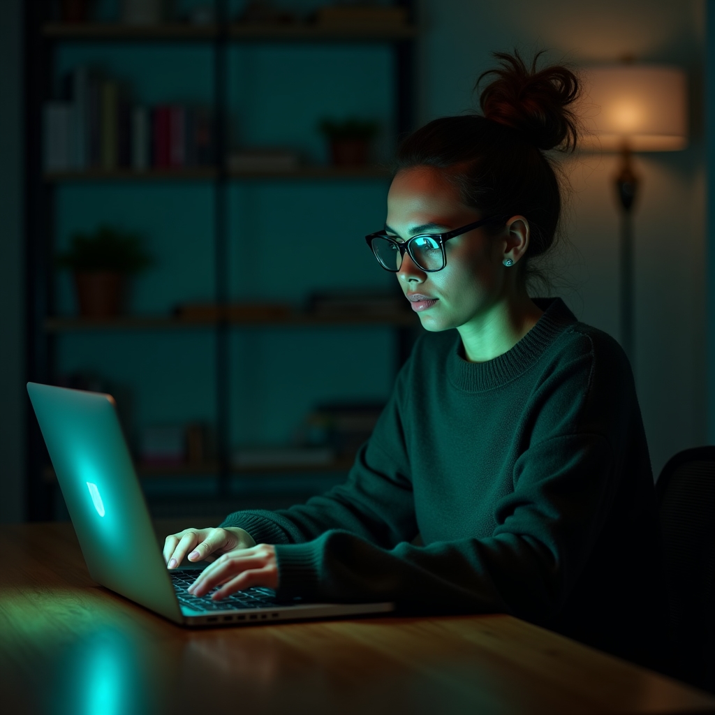 Osoba pracująca wieczorem przy laptopie w otoczeniu neonowego oświetlenia